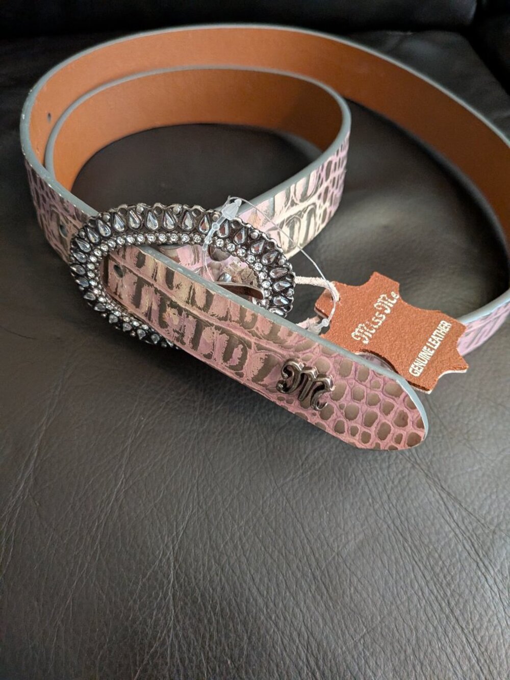Miss Me Y2K Western Glam Rhinestone Croc Embossed Leather Belt new L